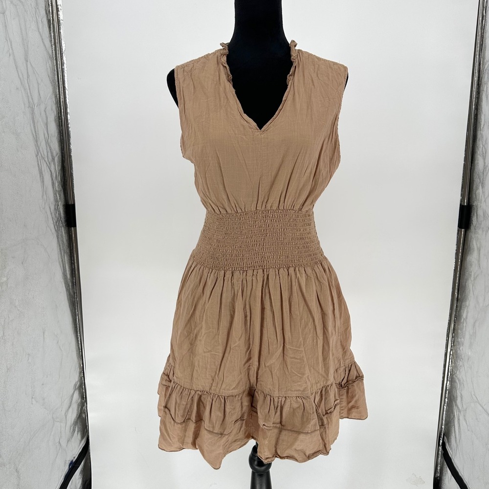 Dèluc Tan Sleeveless Smocked Waist Mini Dress Ruffle Cotton L